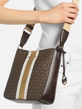 New Michael Kors Jet Set Small Signature Logo Stripe Crossbody Bag Brown Multi